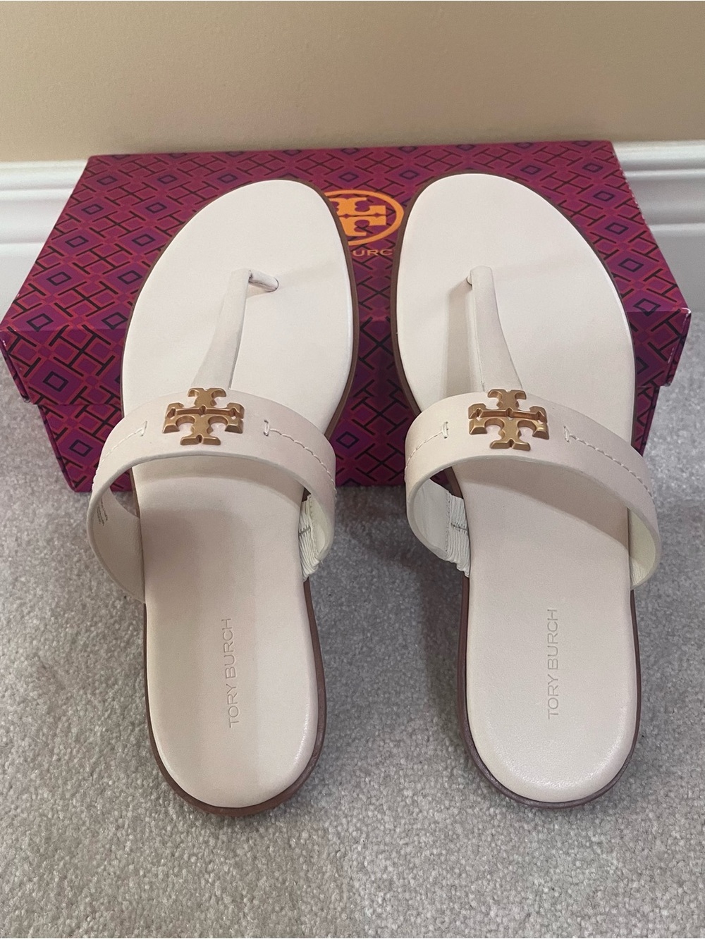 Tory Burch Cream Miller Logo Thong Sandals with Gold Emblem NWOT